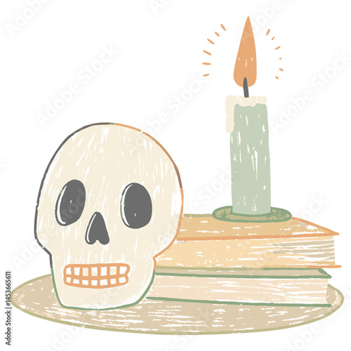 A whimsical skull and candle atop books create a spooky yet charming ambiance, ideal for Halloween decor or a creative art piece.