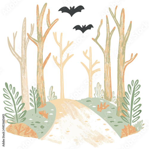 Whimsical bats flying over a serene forest pathway surrounded by playful foliage, representing a magical autumn atmosphere.