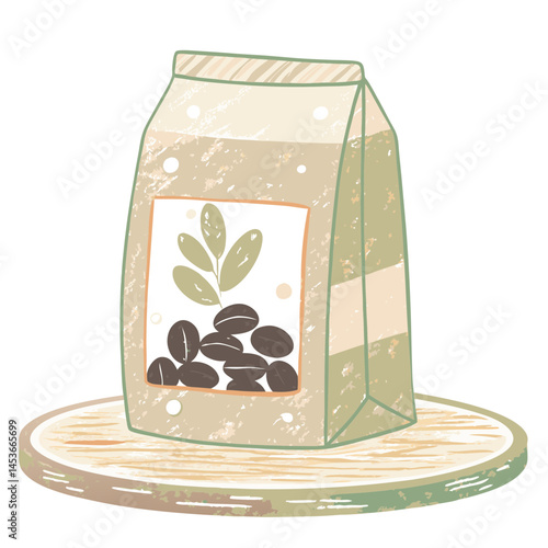 Coffee beans bag showcasing minimalist design on wooden surface representing freshness and quality for coffee enthusiasts.