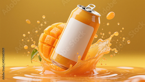Mango Juice  Blank Can Splash – Fresh Tropical Beverage Mockup Full HD 4K New Stock Photo Image Download