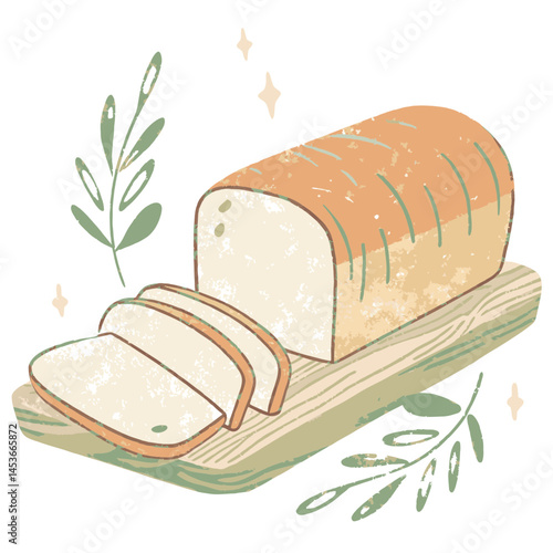 Freshly Sliced Bread on Wood Cutting Board Surrounded by Greenery Representing Freshness and Culinary Delights