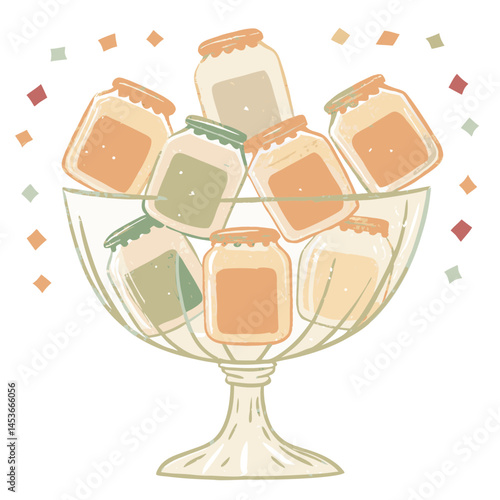 Colorful jars in a bowl celebrating abundance with confetti in a cheerful, whimsical illustration representing joy and festivity.