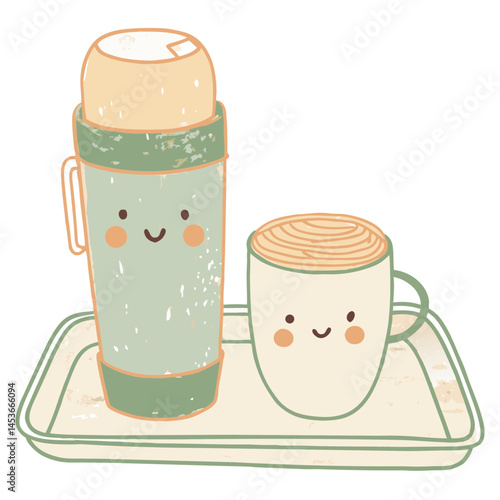 Cute smiling thermos and mug on a tray representing warmth and enjoyment of beverages in a playful, colorful design.