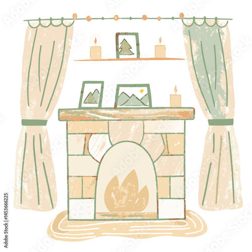 Cozy fireplace display with candles and nature-themed decor in a warm, inviting living room setting representing comfort and tranquility.