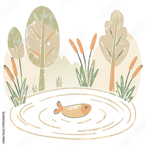 A peaceful pond with a fish swimming among reeds and trees around, symbolizing nature’s stillness, outdoor calm, aquatic life, and forest serenity
