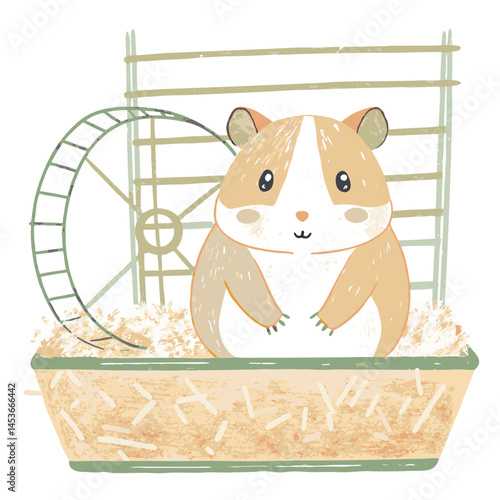 A cute brown-and-white hamster sitting in a cage beside a running wheel, symbolizing pet care, home animals, small rodent habits, and playful indoor companionship
