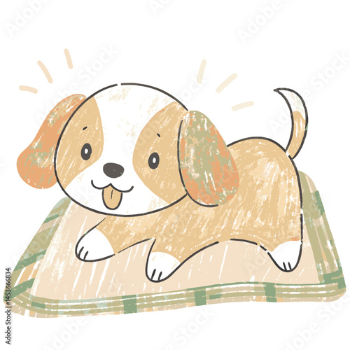 Cute cartoon puppy playing joyfully on a soft blanket, showcasing happiness and warmth, perfect for pet lovers or children's illustrations.