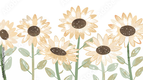 Sunflowers blooming gently in a serene garden setting, symbolizing positivity and joy in a natural, rustic style.