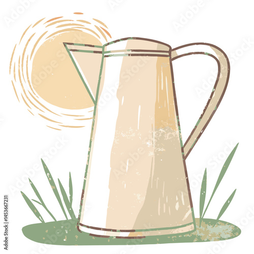 Creative illustration of a watering can basking in sunlight surrounded by green grass, representing gardening and nurturing nature.