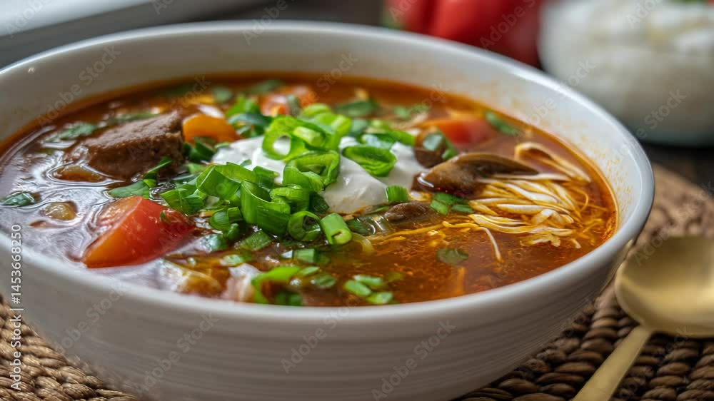 Rustic soup bowl with beef chunks, tomatoes, noodles, scallions and sour cream resting on a woven mat with a golden spoon ready for a flavorful meal. Rustic soup bowl with beef chunks, tomatoes, noodles, scallions and sour cream resting on a woven mat with a golden spoon ready for a flavorful meal.