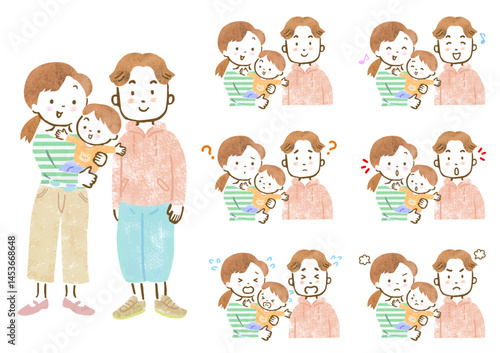 幼い男の子を抱っこしたママとパパの表情セット