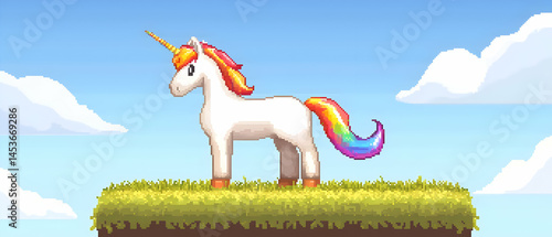 Pixel Art Unicorn Standing On Grassy Plateau