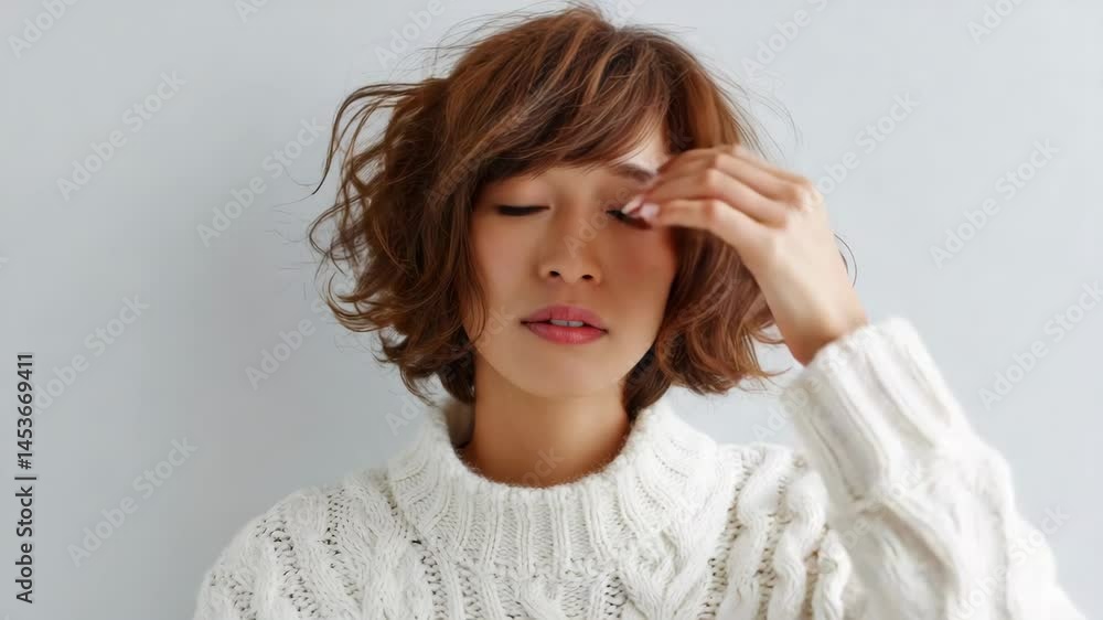 Woman with brown hair and a white sweater. She has a cute smile on her face. The sweater is knitted and has a pattern Woman with brown hair and a white sweater. She has a cute smile on her face. The sweater is knitted and has a pattern