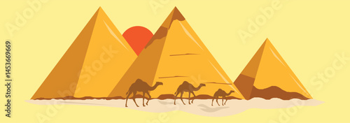 Desert landscape with egyptian pyramids and camels caravan, cartoon vector illustration. Hot golden sand dunes with pyramids on horizon and bedouins with camels. Desert banner.
