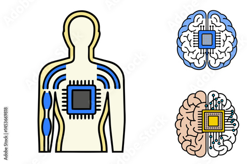 Biohacking Prosthetics with Chips: Stylized Human Body and Brain Illustration  