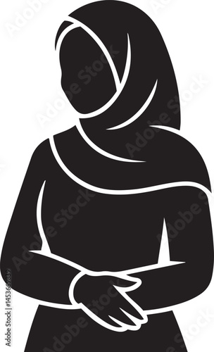 Silhouette of modest Muslim woman in hijab with folded arms, standing in calm pose, wearing traditional clothing on white background, Islamic concept