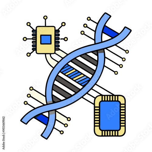 Biohacking DNA Strand with Chip Icons in a High-Tech Style  