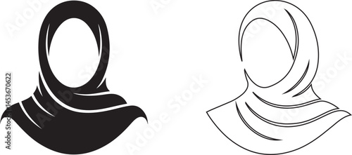 Minimalist Hijab Icon Set, Black and White, Elegant Head Covering, Muslim Women Fashion, Islamic Culture, Vector Illustration for Web and Print