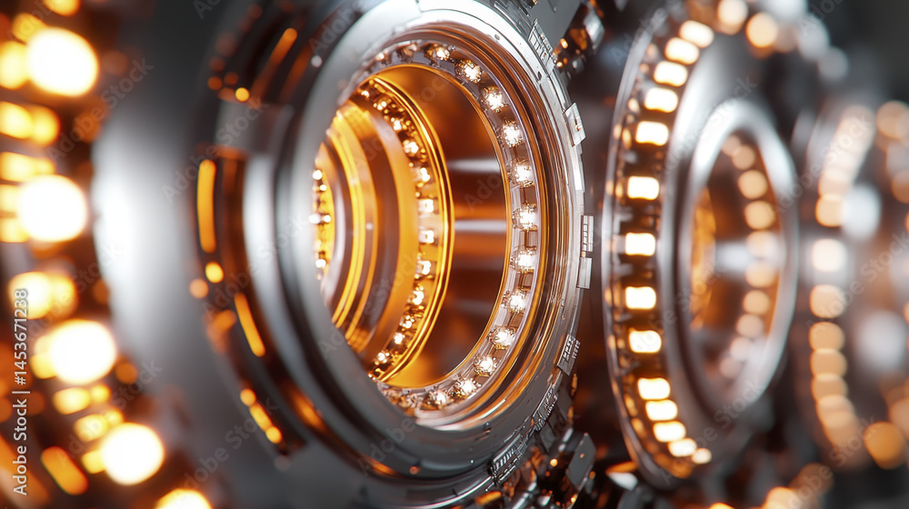 Fototapeta premium Close up view of intricate metallic machinery with glowing lights, showcasing advanced technology and engineering marvels