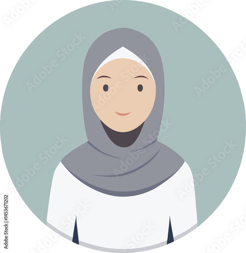 Minimalist Illustration of Muslim Woman in Gray Hijab, Elegant Head Covering, Islamic Fashion, Vector Portrait