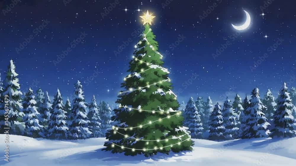 Festive animation of a decorated Christmas tree outdoors in a snowy night scene. Perfect for holiday and winter visuals. Festive animation of a decorated Christmas tree outdoors in a snowy night scene. Perfect for holiday and winter visuals.