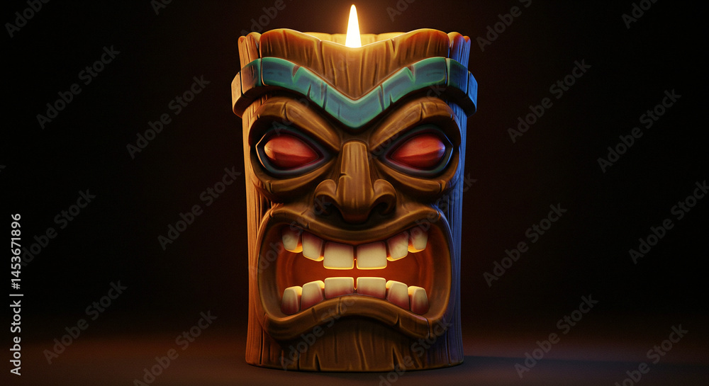3D Render Tiki Mask Glowing Eyes Tribal Art Power Intensity Dark Mystery Copy Space 3D Render Tiki Mask Glowing Eyes Tribal Art Power Intensity Dark Mystery Copy Space