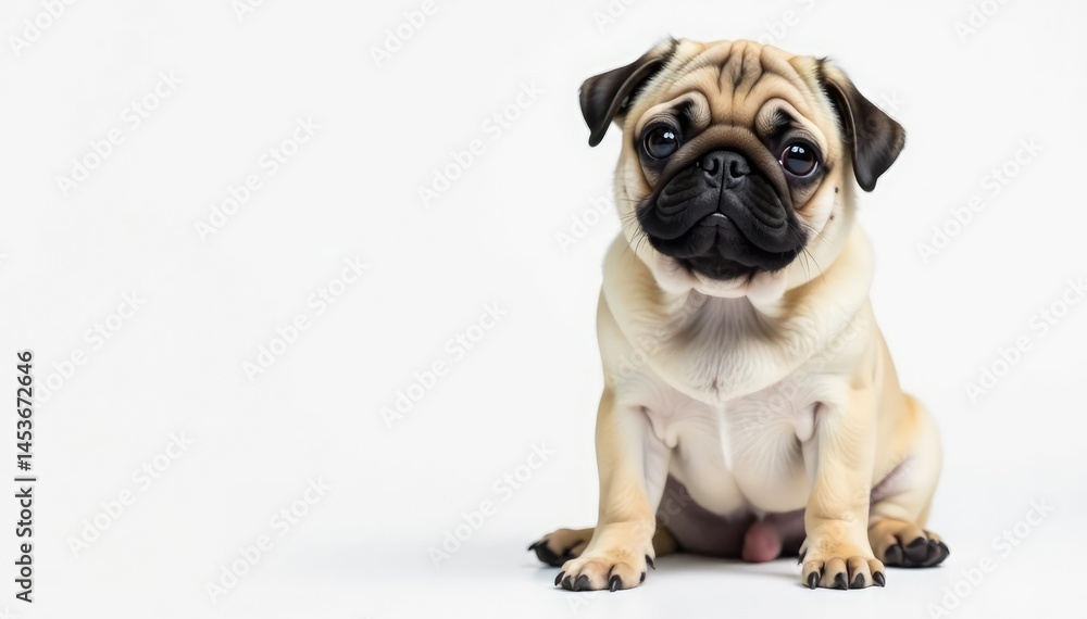 Obraz premium Adorable pug dog sitting, isolated on white background, wrinkles, breed, funny