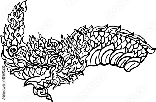 black-and-white illustration of a mythical dragon-naga hybrid face. The artwork combines the fierce expression of a Chinese dragon with the ornamental flames, scales,