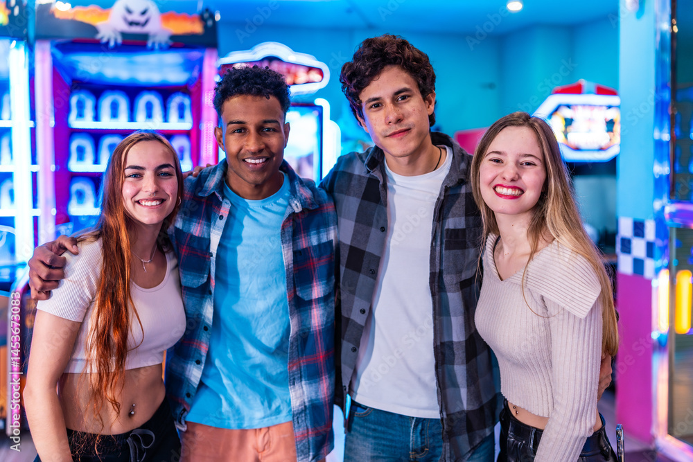 Happy multiethnic friends enjoying weekend at bowling alley arcade