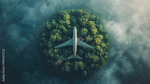 Elevated view of airplane over a circular forest island.