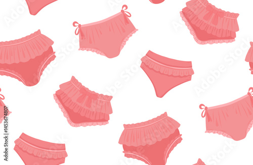 Seamless vector pattern with pink panties with ruffles on a white background. Delicate texture with female underwear.