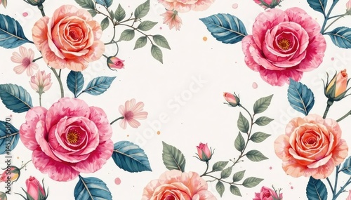 Intricate watercolor rose pattern, soft pastel hues, nature, overlay