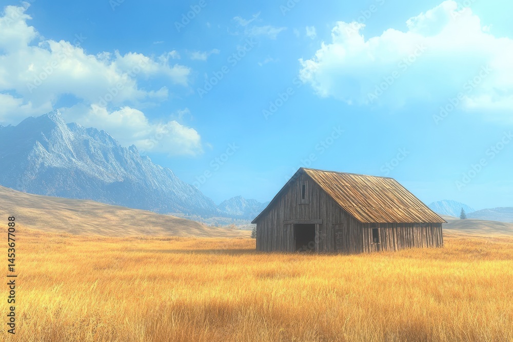 Rustic barn stands in a golden field, mountains rising to a blue sky. Use for projects needing a serene, rural, or western-themed backdrop. Rustic barn stands in a golden field, mountains rising to a blue sky. Use for projects needing a serene, rural, or western-themed backdrop.