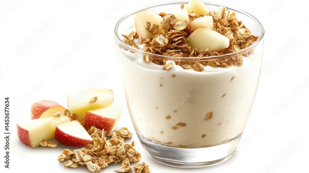 Fresh creamy yogurt in a glass topped with crunchy granola and white chocolate chips with slices of and pear on a white background Fresh creamy yogurt in a glass topped with crunchy granola and white chocolate chips with slices of and pear on a white background