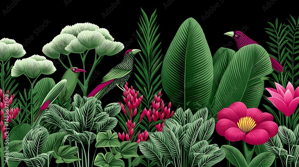 Tropical Birds Lush Foliage Seamless Pattern. Tropical Birds Lush Foliage Seamless Pattern.