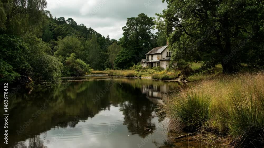 Secluded weathered house reflected in tranquil lake surrounded by lush green forest on a cloudy day offers peace and seclusion. Secluded weathered house reflected in tranquil lake surrounded by lush green forest on a cloudy day offers peace and seclusion.