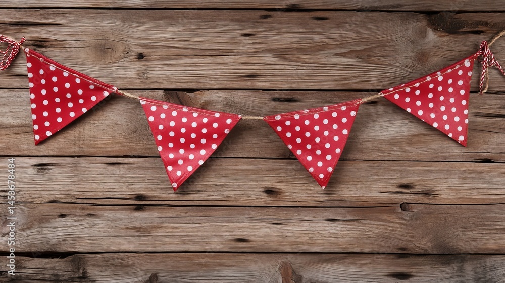 Obraz premium Red and white polka dot bunting on rustic wooden background dots cute party event happy image photo