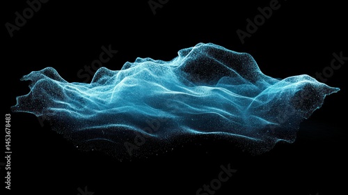 Abstract blue glowing flowing waves and mist on black background with digital particles for science technology art and futuristic design concepts