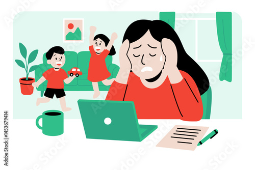 Stressed Mother Working from Home While Children Play Loudly in Background