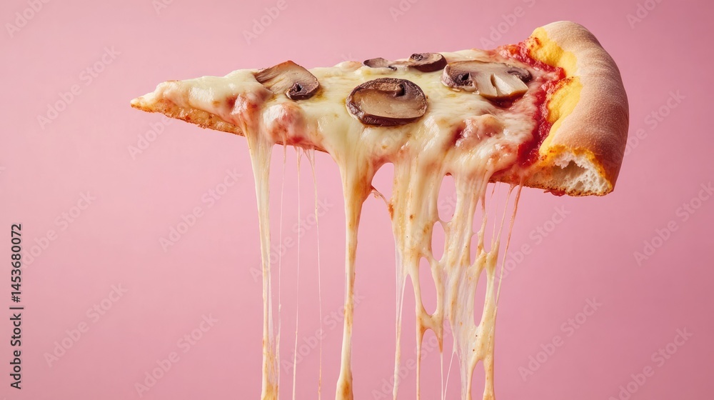 Naklejka premium Close-up of a slice of cheese pizza topped with mushroom slices melting and dripping cheese against a pink background, showing delicious hot food on a plate