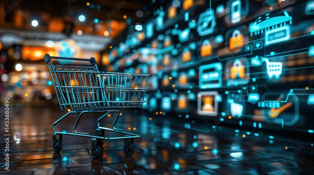 Digital shopping cart illuminated in blue light on glossy floor with glowing online icons in background represents online retail concept with modern e-commerce and futuristic shopping interface. Digital shopping cart illuminated in blue light on glossy floor with glowing online icons in background represents online retail concept with modern e-commerce and futuristic shopping interface.