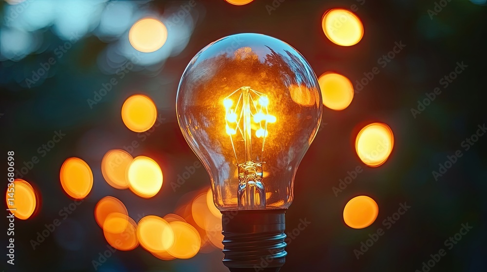 Glowing filament bulb radiating in front of blurred bokeh lights for an illuminating concept