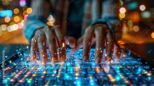 Hands typing on keyboard with multicolored lights in dark setting with floating particles represents futuristic AI-driven copywriting tool generating e-commerce headlines and marketing content.