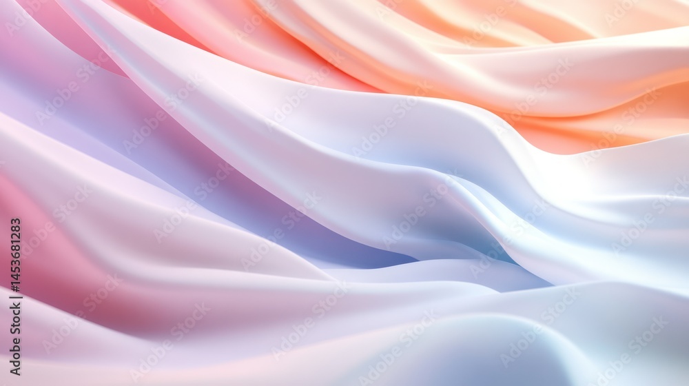 Obraz premium Smooth flowing silky fabric with soft pastel shades of pink peach purple and white gracefully draped creating an elegant luxurious textile background for fashion or interior design projects
