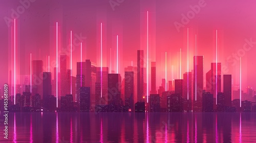 Futuristic city skyline with glowing vertical data lines rising into sky above digital skyscrapers, magenta pink sunset background, concept of artificial intelligence, predictive e-commerce analytics.