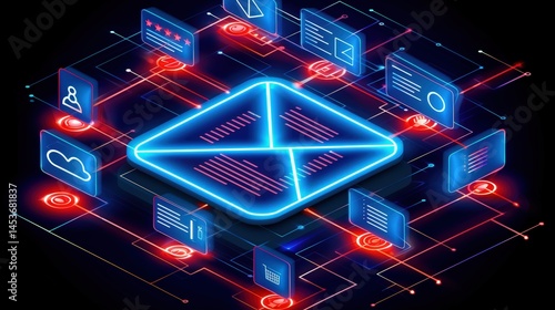 3D glowing neon email icon connected various digital data elements representing modern marketing automation using AI tools for customer interaction CRM communication technology and business strateg.