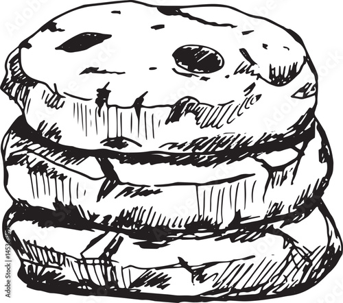 Hand-drawn sketch of three stacked oatmeal cookies with chocolate chips