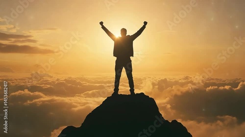 Silhouette of man on mountain top with arms raised at sunset, symbolizing success and achievement