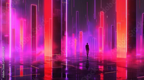 Male silhouette walking through abstract neon-lit corridor surrounded by glowing vertical pillars in futuristic immersive digital landscape full of light particles and vibrant atmosphere experience.