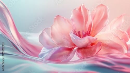 Close-up of a delicate pink flower with soft petals resting on smooth silky fabric with pastel colors and gentle lighting, captu nature's beauty and elegance
